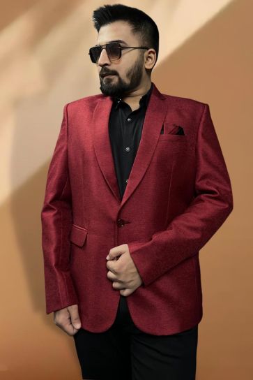 Mens Wedding Function Readymade Red Color Blazer In Jacquard Fabric