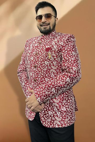 Silk Stunning Maroon Color Party Wear Readymade Men Blazer