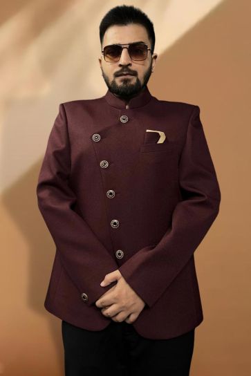 Maroon Gorgeous Fancy Fabric Reception Wear Readymade Blazer For Men
