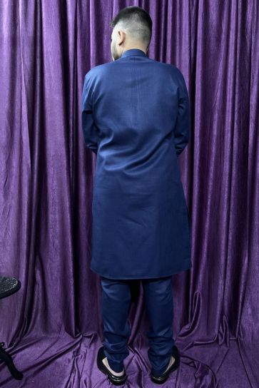 Reception Wear Readymade Navy Blue Color Cotton Fabric Kurta Pyjama For Men