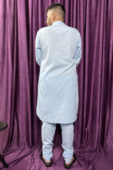 Reception Wear Attractive Kurta Pyjama For Men In Sky Blue Color Cotton Fabric