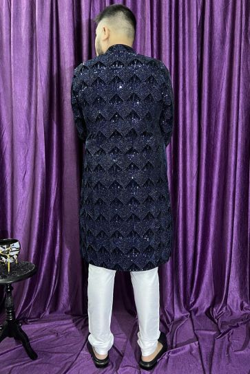 Reception Wear Velvet Fabric Attractive Readymade Men Kurta Pyjama In Blue Color