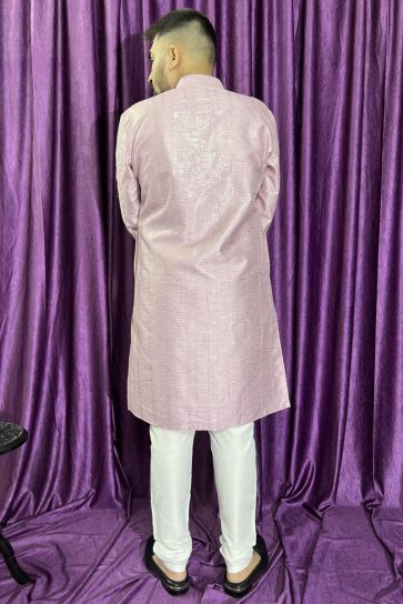 Pretty Silk Fabric Sangeet Wear Readymade Men Kurta Pyjama In Pink Color