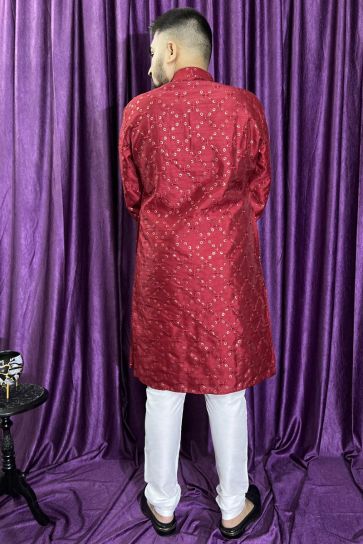 Pretty Silk Fabric Readymade Men Kurta Pyjama In Maroon Color