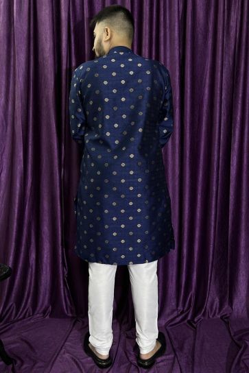 Moss Blue Color Jacquard Fabric Men Kurta Pyjama