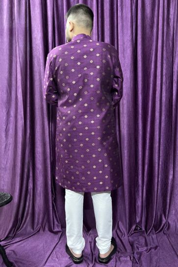 Gorgeous Jacquard Fabric Reception Wear Readymade Men Kurta Pyjama In Purple