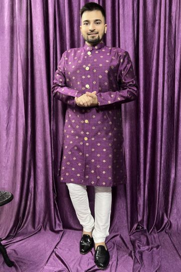 Gorgeous Jacquard Fabric Reception Wear Readymade Men Kurta Pyjama In Purple