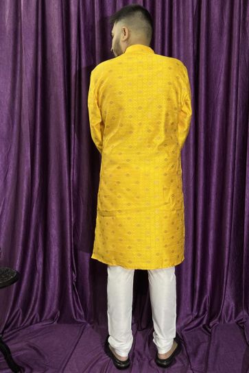 Gorgeous Yellow Jacquard Fabric Function Wear Readymade Kurta Pyjama For Men
