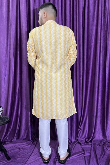 Fetching Yellow Color Cotton Fabric Function Wear Readymade Kurta Pyjama For Men