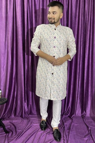 Festive Wear Readymade Kurta Pyjama For Men In Cream Cotton Fabric
