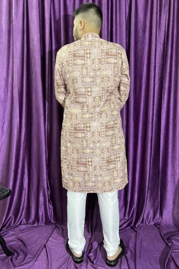 Fancy Brown Color Cotton Fabric Readymade Kurta Pyjama For Men