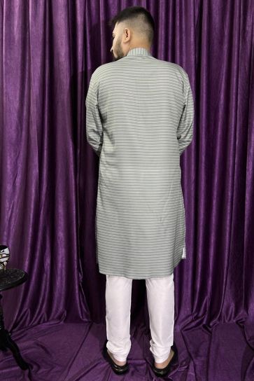 Beautiful Cotton Fabric Festive Wear Readymade Grey Color Kurta Pyjama For Men