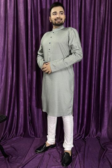 Beautiful Cotton Fabric Festive Wear Readymade Grey Color Kurta Pyjama For Men
