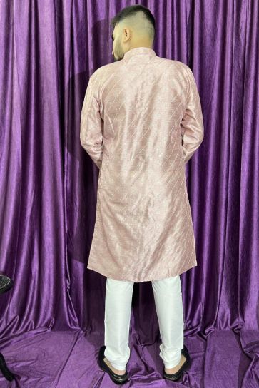 Beautiful Pink Color Wedding Wear Readymade Kurta Pyjama For Men In Jacquard Fabric