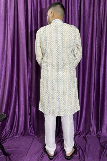 Attractive Cotton Readymade Men Kurta Pyjama In Cream Color
