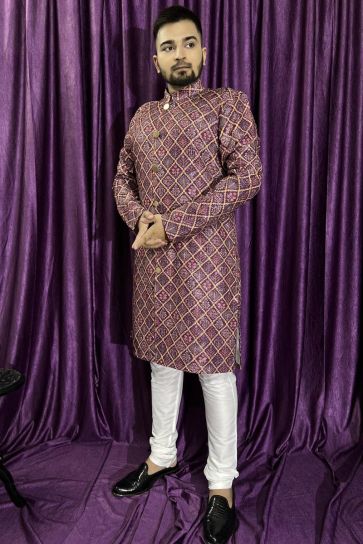 Appealing Purple Color Cotton Fabric Function Wear Kurta Pyjama For Men