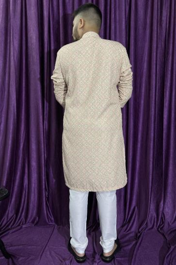 Cotton Fabric Wedding Wear Readymade Pretty Cream Color Kurta Pyjama For Men