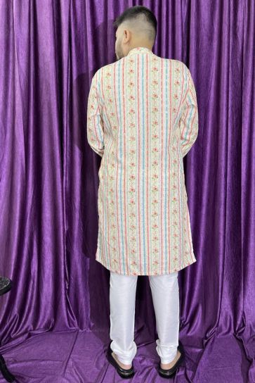 Cotton Fabric Readymade Kurta Pyjama For Men In Cream Color
