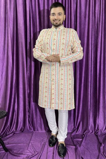 Cotton Fabric Readymade Kurta Pyjama For Men In Cream Color