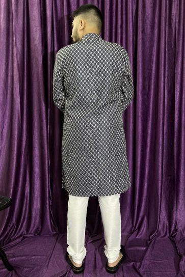 Cotton Fabric Readymade Grey Color Kurta Pyjama For Men