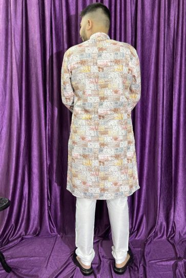 Cotton Fabric Festive Wear Cream Color Readymade Stunning Kurta Pyjama For Men