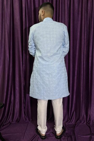 Cotton Fabric Artistic Blue Readymade Men Kurta Pyjama