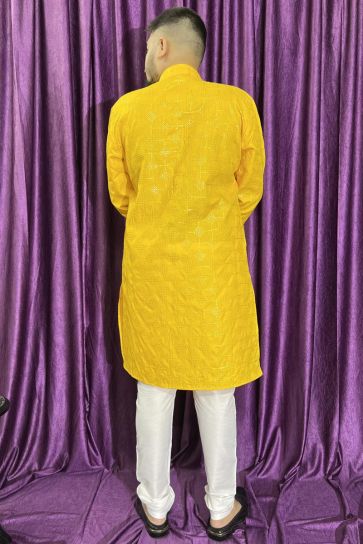 Cotton Fabric Yellow Color Trendy Readymade Men Kurta Pyjama