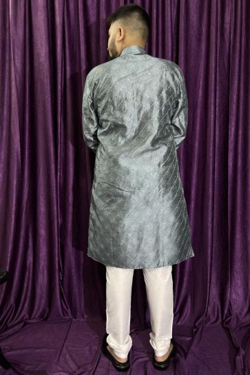 Jacquard Fabric Grey Color Readymade Kurta Pyjama For Men