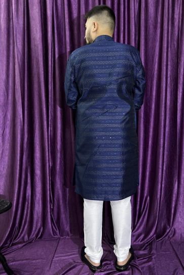 Jacquard Fabric Blue Color Festive Wear Trendy Readymade Men Kurta Pyjama