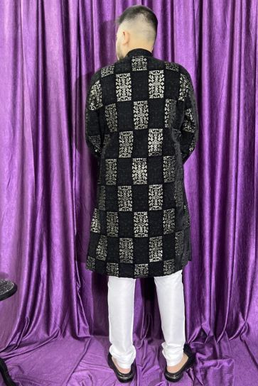 Black Color Sangeet Wear Readymade Velvet Fabric Kurta Pyjama For Men