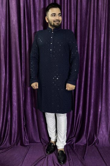 Navy Blue Color Sangeet Wear Rayon Fabric Designer Readymade Kurta Pyjama For Men