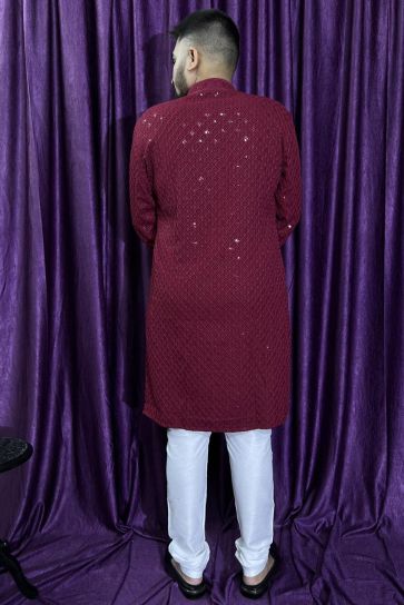 Maroon Color Reception Wear Readymade Rayon Fabric Kurta Pyjama For Men