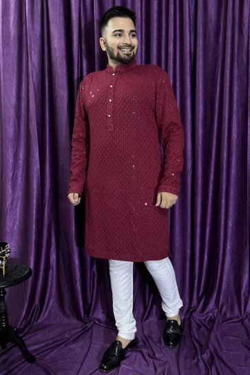 Maroon Color Reception Wear Readymade Rayon Fabric Kurta Pyjama For Men