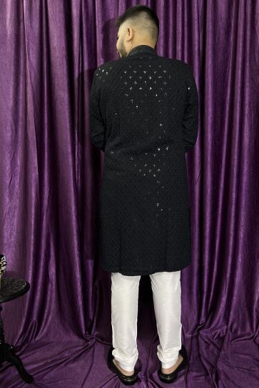 Black Color Readymade Kurta Pyjama For Men In Rayon Fabric