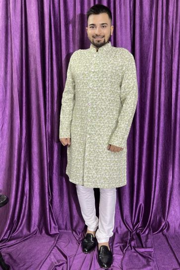 Sea Green Color Readymade Glamorous Kurta Pyjama For Men In Cotton Fabric
