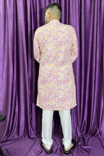 Pink Color Readymade Cotton Fabric Kurta Pyjama For Men