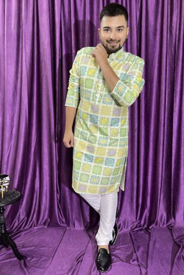 Green Color Gorgeous Cotton Fabric Reception Wear Readymade Kurta Pyjama For Men