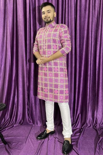 Pink Color Gorgeous Cotton Fabric Reception Wear Readymade Kurta Pyjama For Men