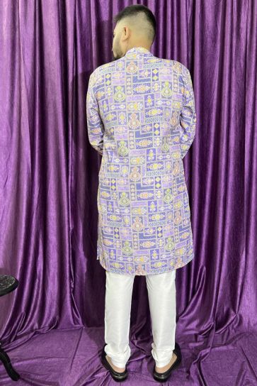 Purple Color Cotton Fabric Readymade Kurta Pyjama For Men