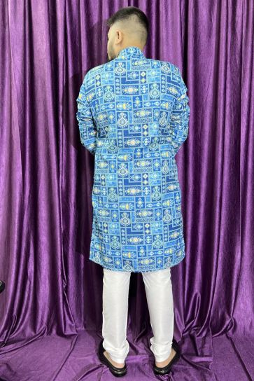 Blue Color Cotton Fabric Function Wear Fancy Readymade Kurta Pyjama For Men