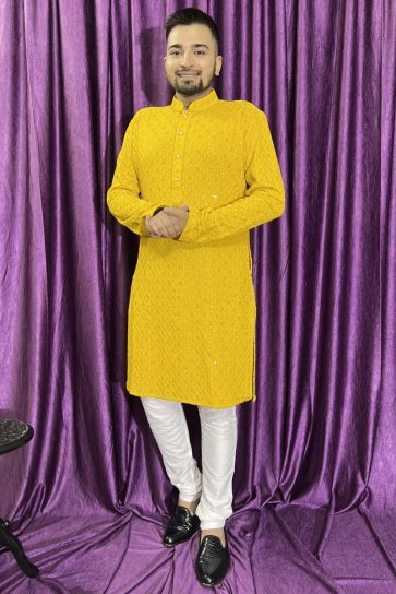 Yellow Color Rayon Fabric Artistic Readymade Men Kurta Pyjama
