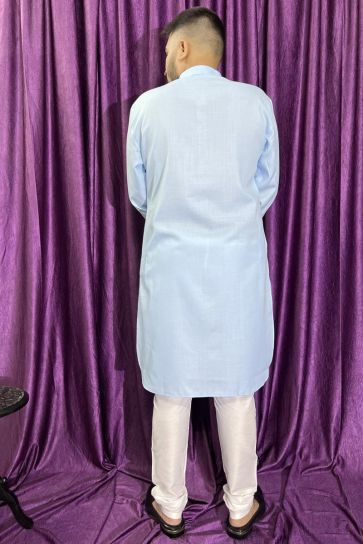 Blue Cotton Graceful Readymade Men Kurta Pyjama