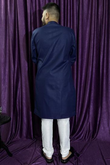 Navy Blue Cotton Fabric Trendy Readymade Kurta Pyjama For Men