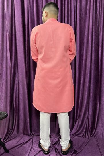 Pink Cotton Fabric Sangeet Wear Trendy Readymade Kurta Pyjama For Men