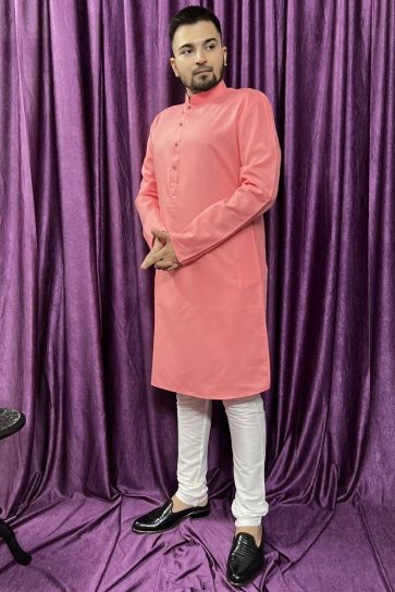 Pink Cotton Fabric Sangeet Wear Trendy Readymade Kurta Pyjama For Men