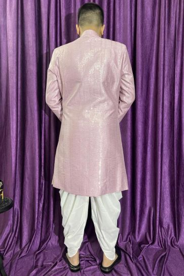 Silk Wedding Wear Attractive Readymade Men Peshawari Style Indo Western In Pink Color