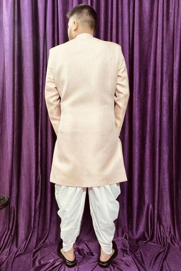 Pink Color Reception Wear Jacquard Fabric Designer Readymade Peshawari Style Indo Western For Men