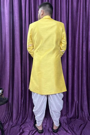 Yellow Color Silk Fabric Wedding Wear Readymade Peshawari Style Indo Western For Men