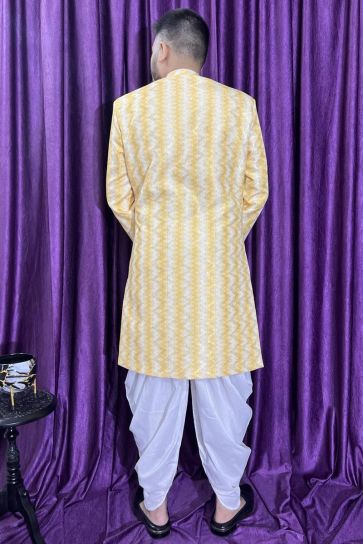 Yellow Cotton Fabric Wedding Wear Trendy Readymade Peshawari Style Indo Western For Men