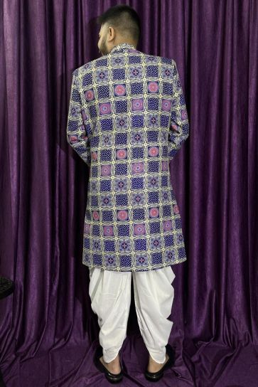 Cotton Blue Color Wedding Wear Readymade Designer Men Peshawari Style Indo Western